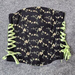 CACIQUE Embroidered Black Lime Green Coreset Lace‎ Up Boning Size 14/16